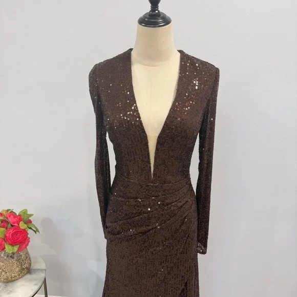 IEENA Mac Duggal Chocolate Brown Sequins Embellished Long Sleeve High Slit Gown